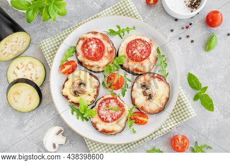 Eggplant Pizza With Tomatoes Sauce, Mozzarella, Mushrooms And Fresh Basil. Vegetarian Dish. Selectiv
