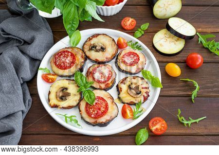 Eggplant Pizza With Tomatoes Sauce, Mozzarella, Mushrooms And Fresh Basil. Vegetarian Dish. Selectiv