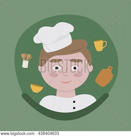A Boy Dressed As A Cook With Dishes On A Green Background