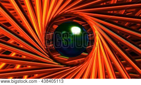 Ball In Rotating 3d Spiral Of Metal Lines. Motion. 3d Animation With Shiny Ball In Center Of Rotatin