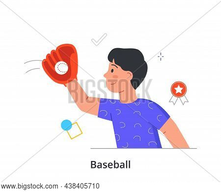 Boy Playing Baseball Concept. Child In Gloves Catches Ball. Character Engaged In Sports And Leads Ac