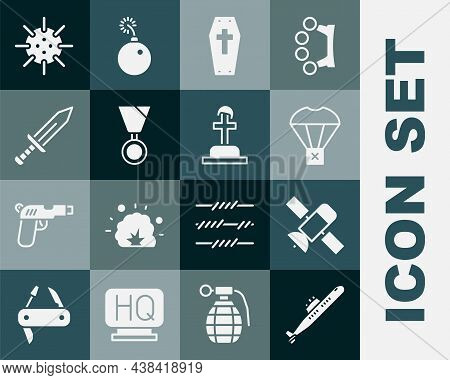 Set Submarine, Satellite, Box Flying On Parachute, Coffin With Cross, Military Reward Medal, Sword, 
