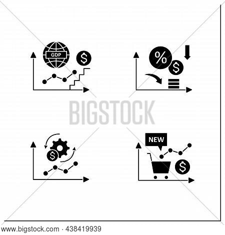 Economic Recovery Glyph Icons Set. New Stock Markets, Economy Adaptation, Low Interest Rates, Gdp Gr