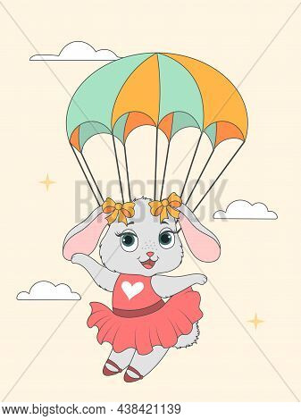 Parachute Rabbit Concept. Character Descends From Sky. Pictures For Children. Parachutist, Pilot, Ad
