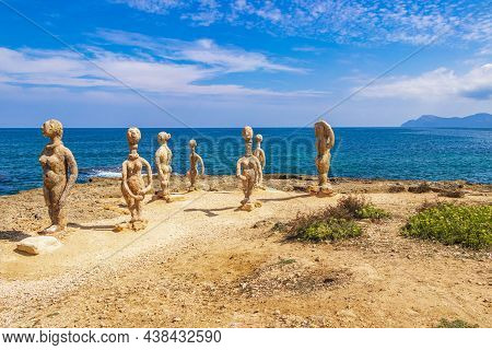 Sculptures Coast And Beach Landscape Panorama Can Picafort Mallorca Spain.