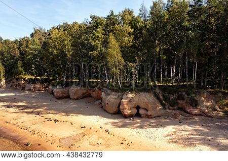 Baltic Sea Coast With Sandy Beach And Red Sandstone Cliffs, Veczemju Cliffs, Latvia, Aerial View