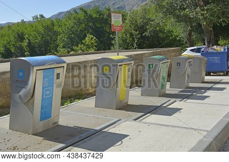 Draga Bascanska, Croatia - 4th September 2021. A Line Of Recycling Bins On Krk Island In Primorje-go