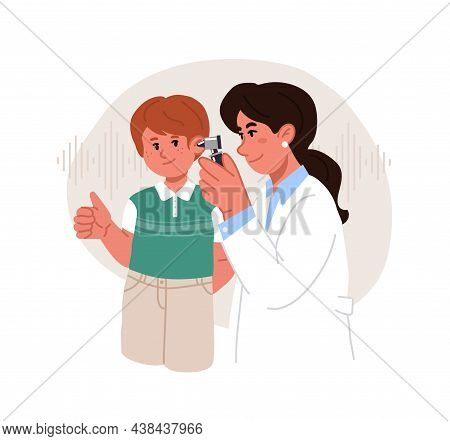 Female Audiologist Doctor Checks Boy Ears With Otoscope.hearing Exam For Kids.