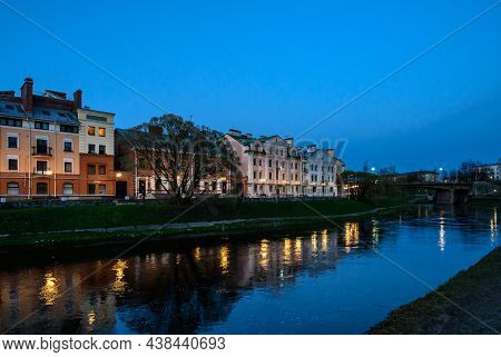 Beautiful Houses In Classic Old Style. Beautiful Evening Light.. Pskov, Sovetskaya Naberezhnaya