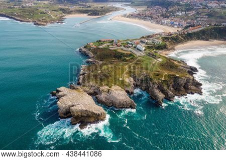 Aerial View Of A Scenic Coastline Landscape In Suances, Cantabria, Spain. High Quality Photo.