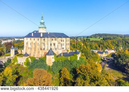 Chateau And Castle Frydlant On Sunny Autumn Day. Frydlant V Cechach, Czech Republic. Aerial View Fro