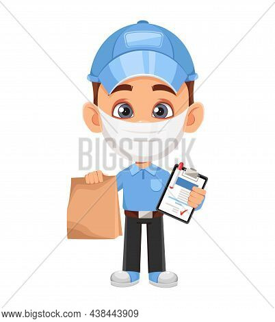 Courier Cartoon Character In Mask. Funny Delivery Man Holding Paper Bag And Clipboard. Stock Vector 