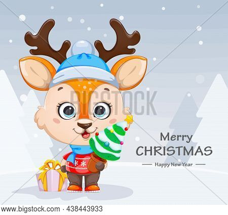 Merry Christmas And Happy New Year Greeting Card. Cute Baby Deer Holding Christmas Tree. Cheerful Li