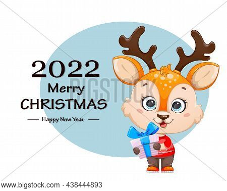 Merry Christmas And Happy New Year Greeting Card. Cute Baby Deer Holding Gift Box. Cheerful Little R