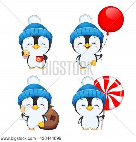 Cute Little Penguin Cartoon Character, Set Of Four Poses. Funny Penguin In Blue Hat. Merry Christmas