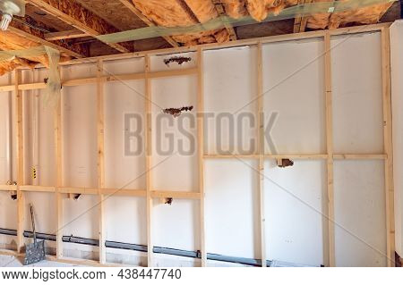 Deconstruction Of Room And Garage With Removing Walls. No Ceiling And Floor. Big Renovation Project,