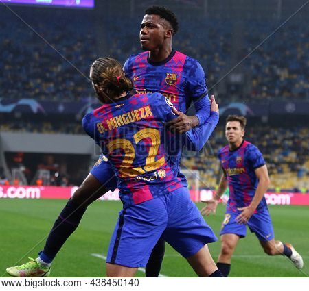 Kyiv, Ukraine - November 2, 2021: Ansu Fati And Oscar Mingueza Of Barcelona Celebrate After Fati Sco