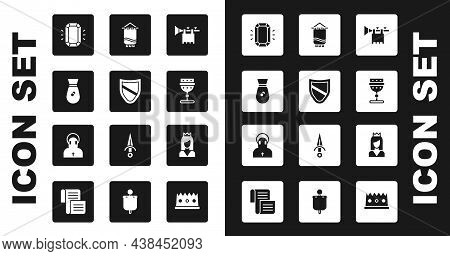 Set Trumpet With Flag, Shield, Old Money Bag, Diamond, Medieval Goblet, Princess And Monk Icon. Vect