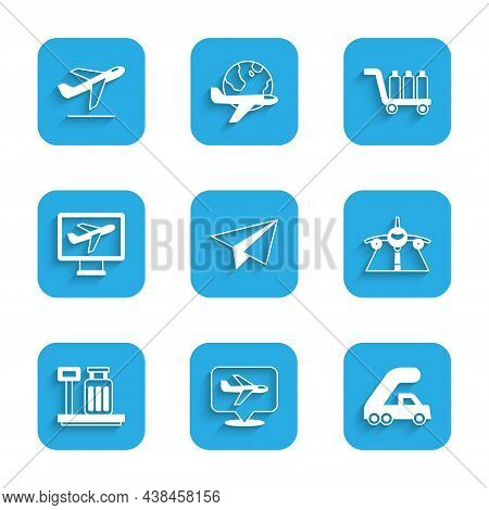 Set Paper Airplane, Plane, Passenger Ladder For Boarding, Scale With Suitcase, Trolley Baggage And T