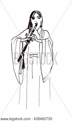 Girl Musician In Chinese Hanfu Playing Xiao Flute, Ink Drawing In Chinese Style