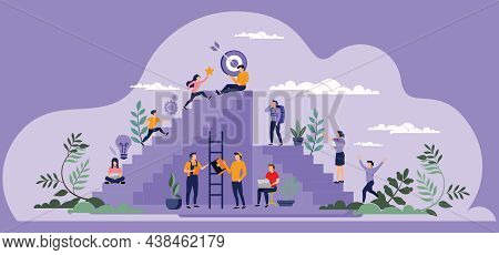 Self Growth And Personal Development Progress Stages Tiny Person Concept. Reaching For Career Goals 