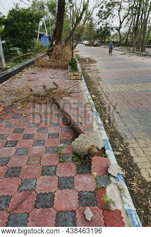 Howrah, West Bengal, India - 31st May 2020 : Super Cyclone Amphan Uprooted Trifala Street Light Whic