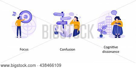 Focus, Confusion, Cognitive Dissonance. Mental State Abstract Concept Vector Illustrations.