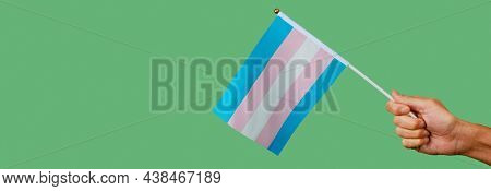 a young person waves a small transgender pride flag on a green background, in a panoramic format to use as web banner or header