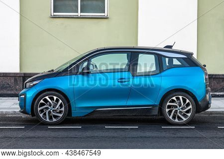 Moscow; Russia - October 15; 2021: Blue Bmw I3    Is Parked  On The Street On A Warm  Autumn  Day Ag