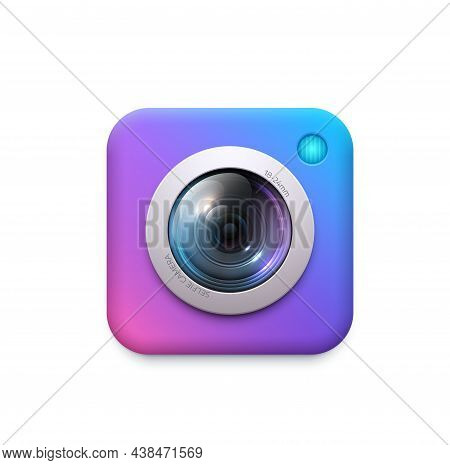 Photo And Video Camera Icon Of Web And Mobile App Button. Digital Camera Lens With Flash 3d Square V