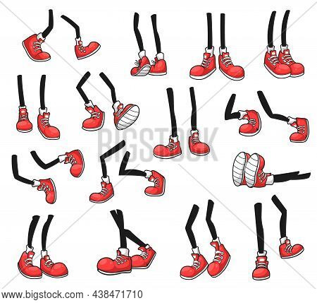 Isolated Cartoon Vector Legs Of Human Comic Feets In Red Shoes. Walking, Standing, Running And Danci