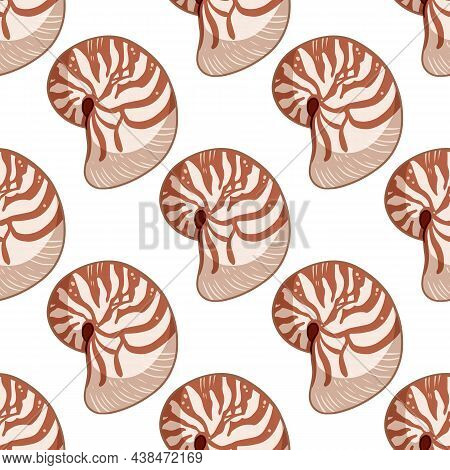Nautilus Shells Colorful Doodles Seamless Pattern. Background Template Of Stock Sea Shells For Wrapp