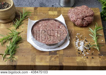 Making Minced Beef Medallions For Burger. View From Above