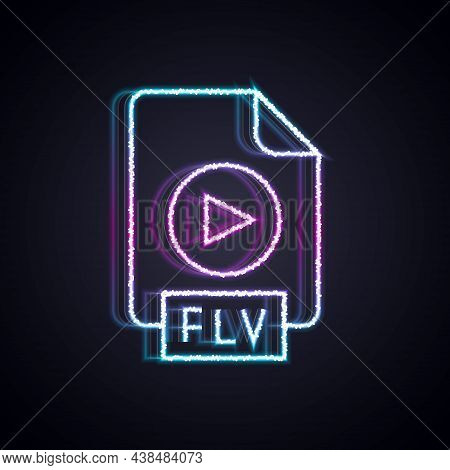 Glowing Neon Line Flv File Document Video File Format. Download Flv Button Icon Isolated On Black Ba