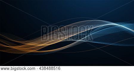 Abstract Waves. Shiny Blue Moving Lines Design Element On Dark Background For Greeting Card And Disq