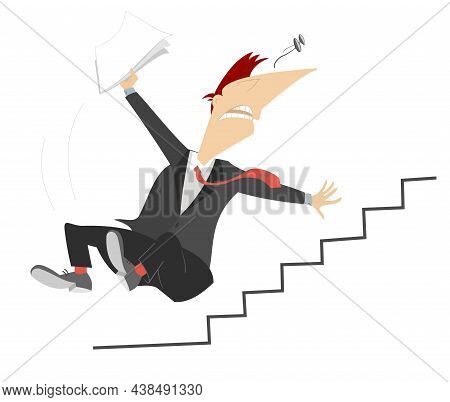 Business Man Falling Down The Stairs Illustration. 
Cartoon Man With Papers In The Hand Falls Down T