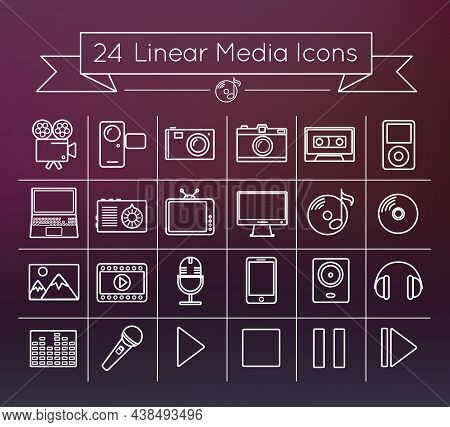 24 Linear Vector Media Icons Set On Blurry Background