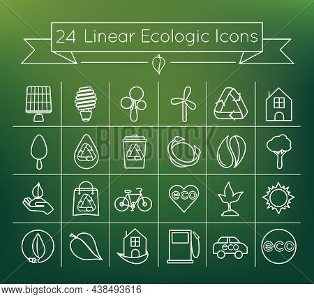 24 Linear Ecologic Vector Icon Set On Green Bakcgorund