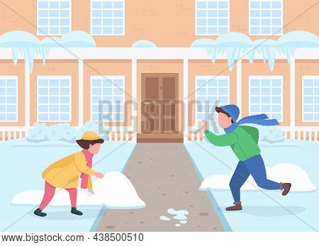 Snowball Fight In Home Yard Flat Color Vector Illustration. Kids Having Fun Outside Residential Home