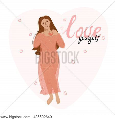 Love Yourself. Love Your Body Concept. Take Time For Your Self. Vector Illustration. Woman Hugging H