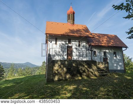 Small Renovated Baroque Chapel Above Village Marenice In Lusitian Mountains With Lush Green Grass Me