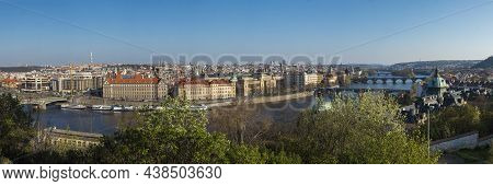 Wide Panoramic Aerial View Of Prague Old Town Architecture Roof Top And Charles Bridge Over Vltava R