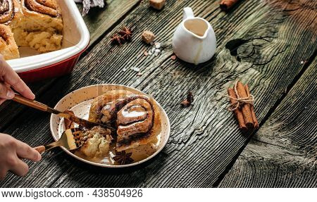 Freshly Baked Sweet Cinnamon Buns Rolls With Vanilla Cream. Cinnabon, Banner, Menu, Recipe Place For