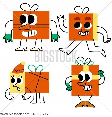 Set Of Christmas Character - Fun Gift With Face. Abstract Red Box With Arms And Legs. Trendy Modern 
