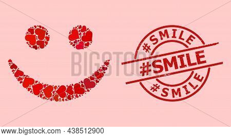 Textured Hashtag Smile Stamp, And Red Love Heart Mosaic For Happy Smile. Red Round Stamp Has Hashtag