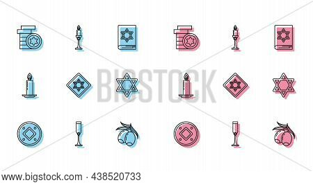 Set Line Jewish Coin, Goblet, Olives Branch, Star Of David, Burning Candle Candlestick And Icon. Vec