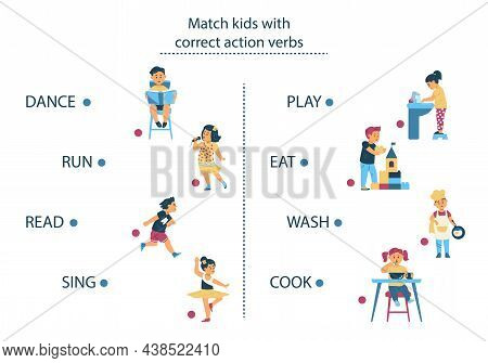 English Actions. Exercise For Memorizing Verbs, Connect Kids And Correct Verbs. Vector Flat Illustra