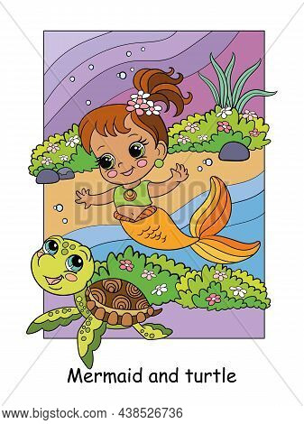 Beauty Cute Mermaid Swims With A Sea Turtle. Vector Cartoon Illustration In A Cartoon Children Style