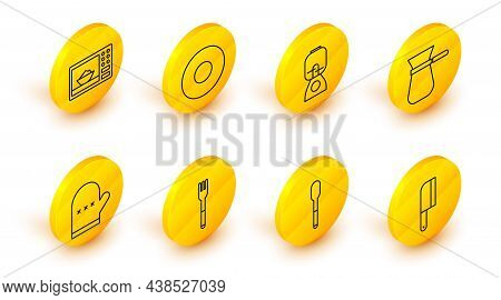 Set Line Meat Chopper, Spoon, Fork, Oven Glove, Coffee Turk, Blender, Plate And Microwave Oven Icon.