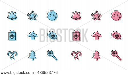 Set Line Christmas Candy Cane With Stripes, Tree, Merry Ringing Bell, Magnifying Glass Snowflake, An